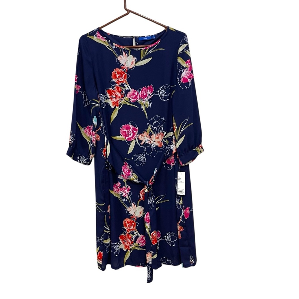 Apt 9 Floral Print 3/4” Sleeve Dress Blue Lined Career Event NWT Womens M